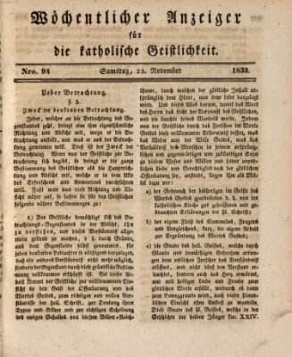 Wöchentlicher Anzeiger für die katholische Geistlichkeit Samstag 23. November 1833