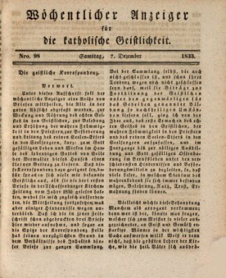 Wöchentlicher Anzeiger für die katholische Geistlichkeit Samstag 7. Dezember 1833