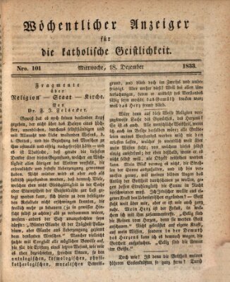 Wöchentlicher Anzeiger für die katholische Geistlichkeit Mittwoch 18. Dezember 1833