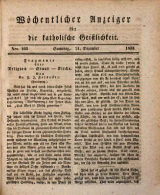 Wöchentlicher Anzeiger für die katholische Geistlichkeit Samstag 21. Dezember 1833