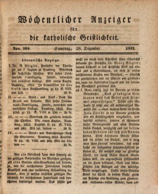 Wöchentlicher Anzeiger für die katholische Geistlichkeit Samstag 28. Dezember 1833