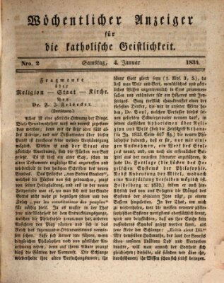 Wöchentlicher Anzeiger für die katholische Geistlichkeit Samstag 4. Januar 1834