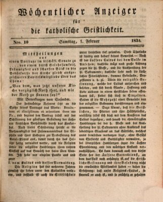 Wöchentlicher Anzeiger für die katholische Geistlichkeit Samstag 1. Februar 1834