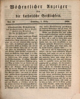 Wöchentlicher Anzeiger für die katholische Geistlichkeit Samstag 1. März 1834