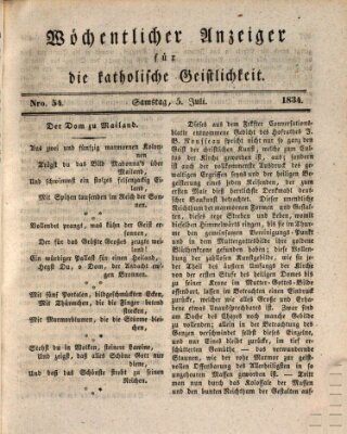 Wöchentlicher Anzeiger für die katholische Geistlichkeit Samstag 5. Juli 1834