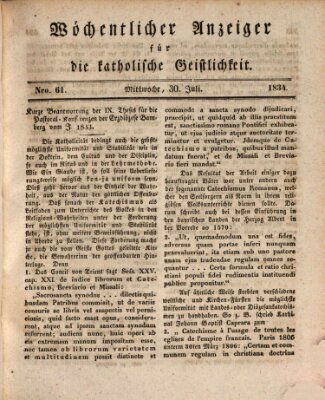 Wöchentlicher Anzeiger für die katholische Geistlichkeit Mittwoch 30. Juli 1834