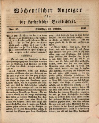 Wöchentlicher Anzeiger für die katholische Geistlichkeit Samstag 18. Oktober 1834