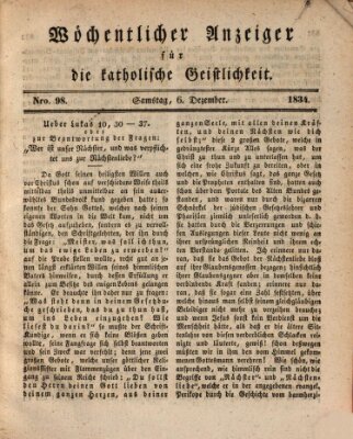 Wöchentlicher Anzeiger für die katholische Geistlichkeit Samstag 6. Dezember 1834