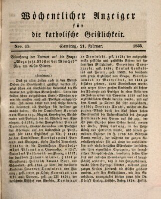 Wöchentlicher Anzeiger für die katholische Geistlichkeit Samstag 21. Februar 1835