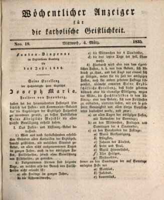 Wöchentlicher Anzeiger für die katholische Geistlichkeit Mittwoch 4. März 1835