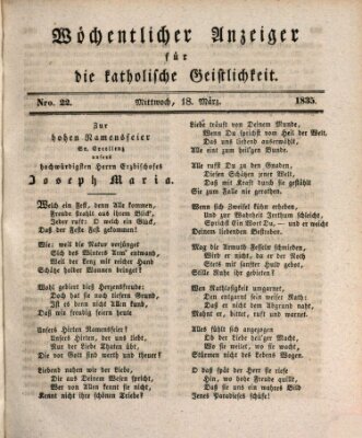 Wöchentlicher Anzeiger für die katholische Geistlichkeit Mittwoch 18. März 1835