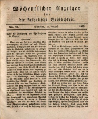 Wöchentlicher Anzeiger für die katholische Geistlichkeit Samstag 15. August 1835