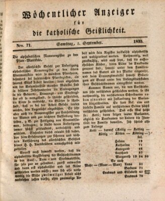 Wöchentlicher Anzeiger für die katholische Geistlichkeit Samstag 5. September 1835