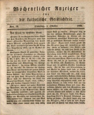 Wöchentlicher Anzeiger für die katholische Geistlichkeit Samstag 3. Oktober 1835