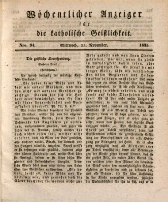 Wöchentlicher Anzeiger für die katholische Geistlichkeit Mittwoch 25. November 1835