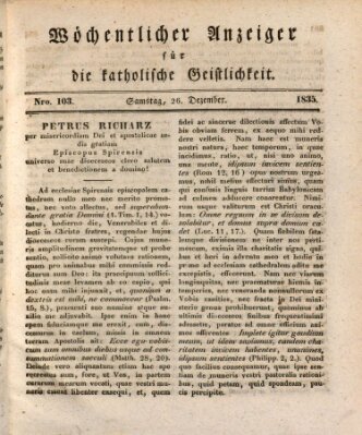 Wöchentlicher Anzeiger für die katholische Geistlichkeit Samstag 26. Dezember 1835