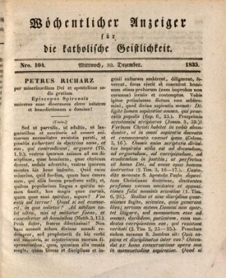 Wöchentlicher Anzeiger für die katholische Geistlichkeit Mittwoch 30. Dezember 1835