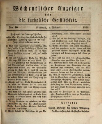 Wöchentlicher Anzeiger für die katholische Geistlichkeit Mittwoch 3. Februar 1836