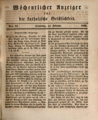 Wöchentlicher Anzeiger für die katholische Geistlichkeit Samstag 20. Februar 1836