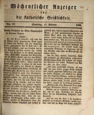 Wöchentlicher Anzeiger für die katholische Geistlichkeit Samstag 27. Februar 1836