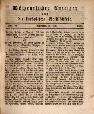 Wöchentlicher Anzeiger für die katholische Geistlichkeit Mittwoch 8. Juni 1836