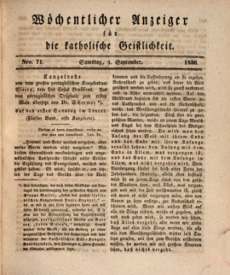 Wöchentlicher Anzeiger für die katholische Geistlichkeit Samstag 3. September 1836