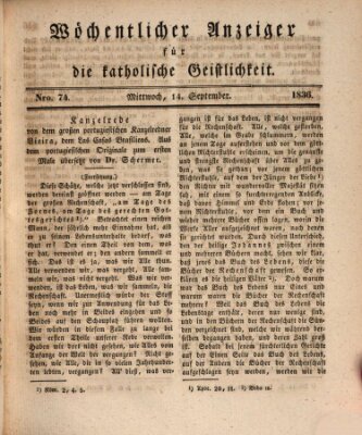 Wöchentlicher Anzeiger für die katholische Geistlichkeit Mittwoch 14. September 1836