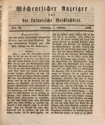 Wöchentlicher Anzeiger für die katholische Geistlichkeit Samstag 1. Oktober 1836