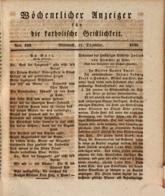 Wöchentlicher Anzeiger für die katholische Geistlichkeit Mittwoch 21. Dezember 1836