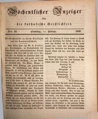 Wöchentlicher Anzeiger für die katholische Geistlichkeit Samstag 11. Februar 1837