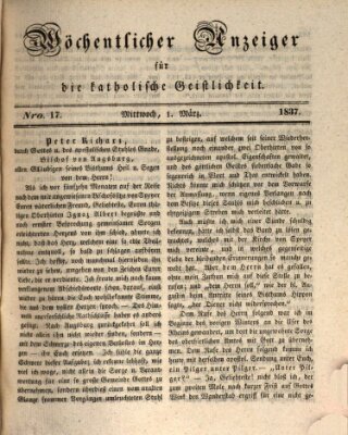 Wöchentlicher Anzeiger für die katholische Geistlichkeit Mittwoch 1. März 1837