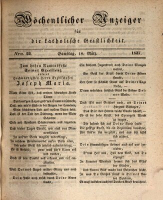 Wöchentlicher Anzeiger für die katholische Geistlichkeit Samstag 18. März 1837