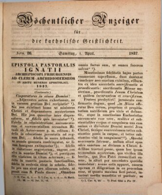 Wöchentlicher Anzeiger für die katholische Geistlichkeit Samstag 1. April 1837