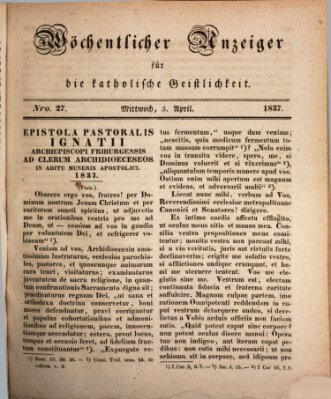 Wöchentlicher Anzeiger für die katholische Geistlichkeit Mittwoch 5. April 1837