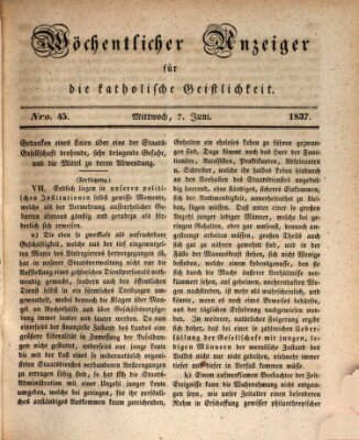 Wöchentlicher Anzeiger für die katholische Geistlichkeit Mittwoch 7. Juni 1837