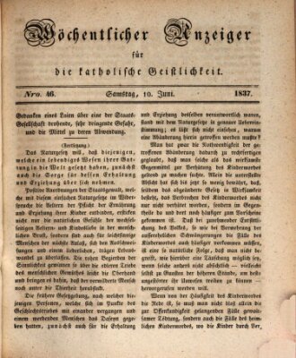 Wöchentlicher Anzeiger für die katholische Geistlichkeit Samstag 10. Juni 1837