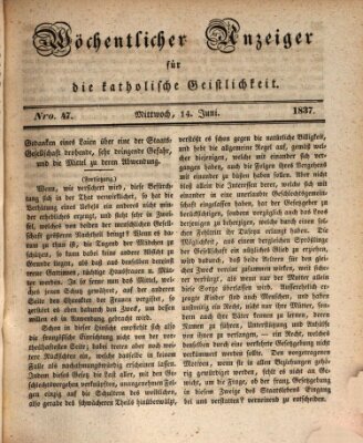 Wöchentlicher Anzeiger für die katholische Geistlichkeit Mittwoch 14. Juni 1837