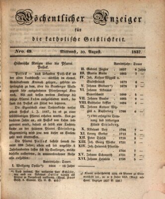 Wöchentlicher Anzeiger für die katholische Geistlichkeit Mittwoch 30. August 1837