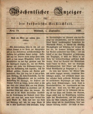 Wöchentlicher Anzeiger für die katholische Geistlichkeit Mittwoch 6. September 1837