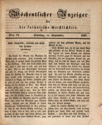 Wöchentlicher Anzeiger für die katholische Geistlichkeit Samstag 16. September 1837