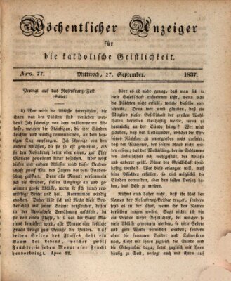 Wöchentlicher Anzeiger für die katholische Geistlichkeit Mittwoch 27. September 1837