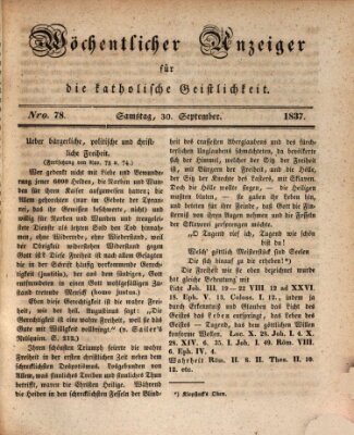 Wöchentlicher Anzeiger für die katholische Geistlichkeit Samstag 30. September 1837