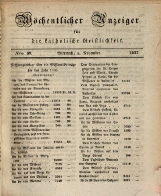 Wöchentlicher Anzeiger für die katholische Geistlichkeit Mittwoch 8. November 1837