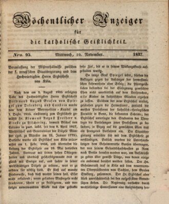 Wöchentlicher Anzeiger für die katholische Geistlichkeit Mittwoch 29. November 1837