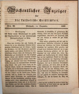 Wöchentlicher Anzeiger für die katholische Geistlichkeit Mittwoch 13. Dezember 1837