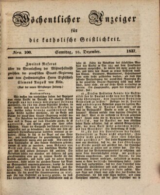 Wöchentlicher Anzeiger für die katholische Geistlichkeit Samstag 16. Dezember 1837