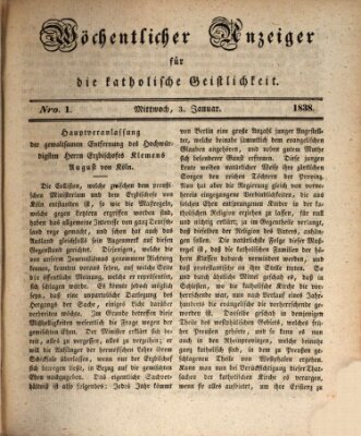 Wöchentlicher Anzeiger für die katholische Geistlichkeit Mittwoch 3. Januar 1838