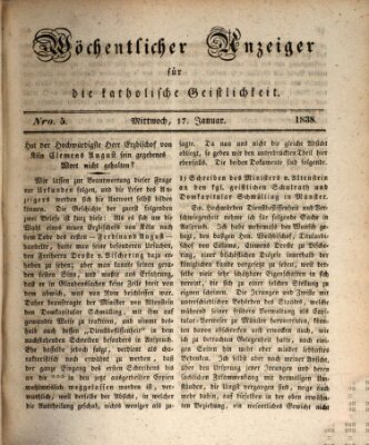 Wöchentlicher Anzeiger für die katholische Geistlichkeit Mittwoch 17. Januar 1838