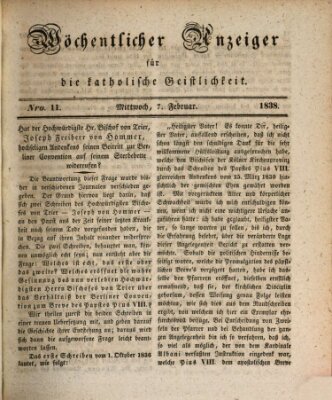 Wöchentlicher Anzeiger für die katholische Geistlichkeit Mittwoch 7. Februar 1838