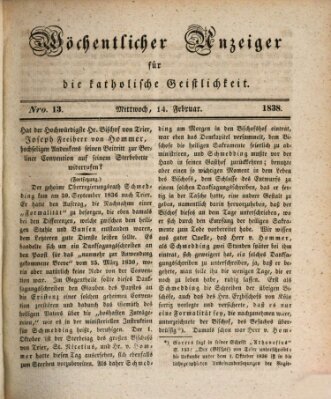 Wöchentlicher Anzeiger für die katholische Geistlichkeit Mittwoch 14. Februar 1838